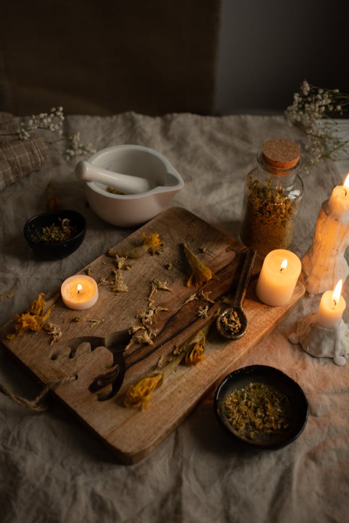 A warm, cozy setup with burning candles and dried herbs on a wooden tray creating a relaxing atmosphere.